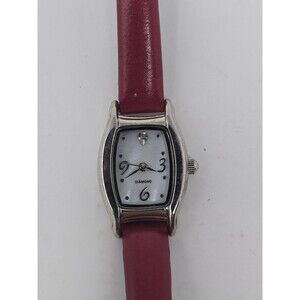 Vintage Ladies Watch Mother Of Pearl Dial Diamond Accent Red Band Needs Battery